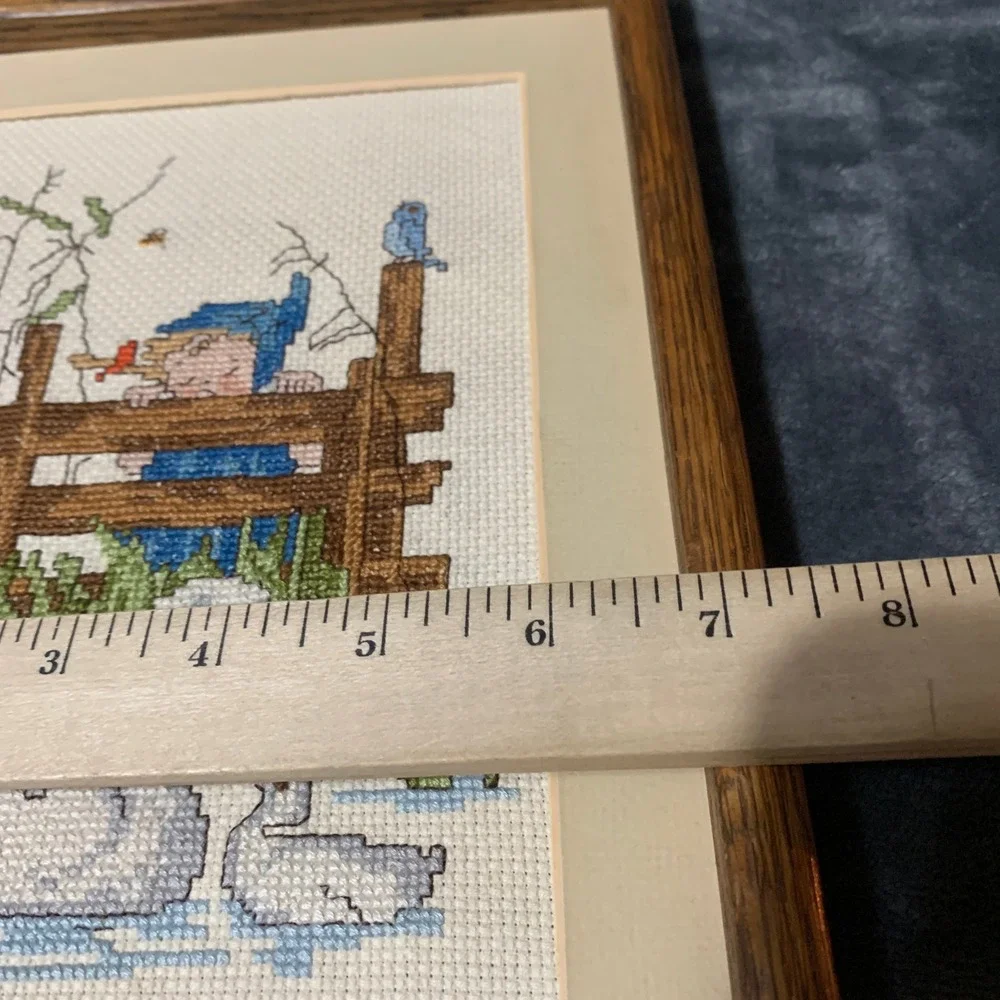 Needlepoint Art Framed Girl Swans Blue Brown Cottagecore Vintage